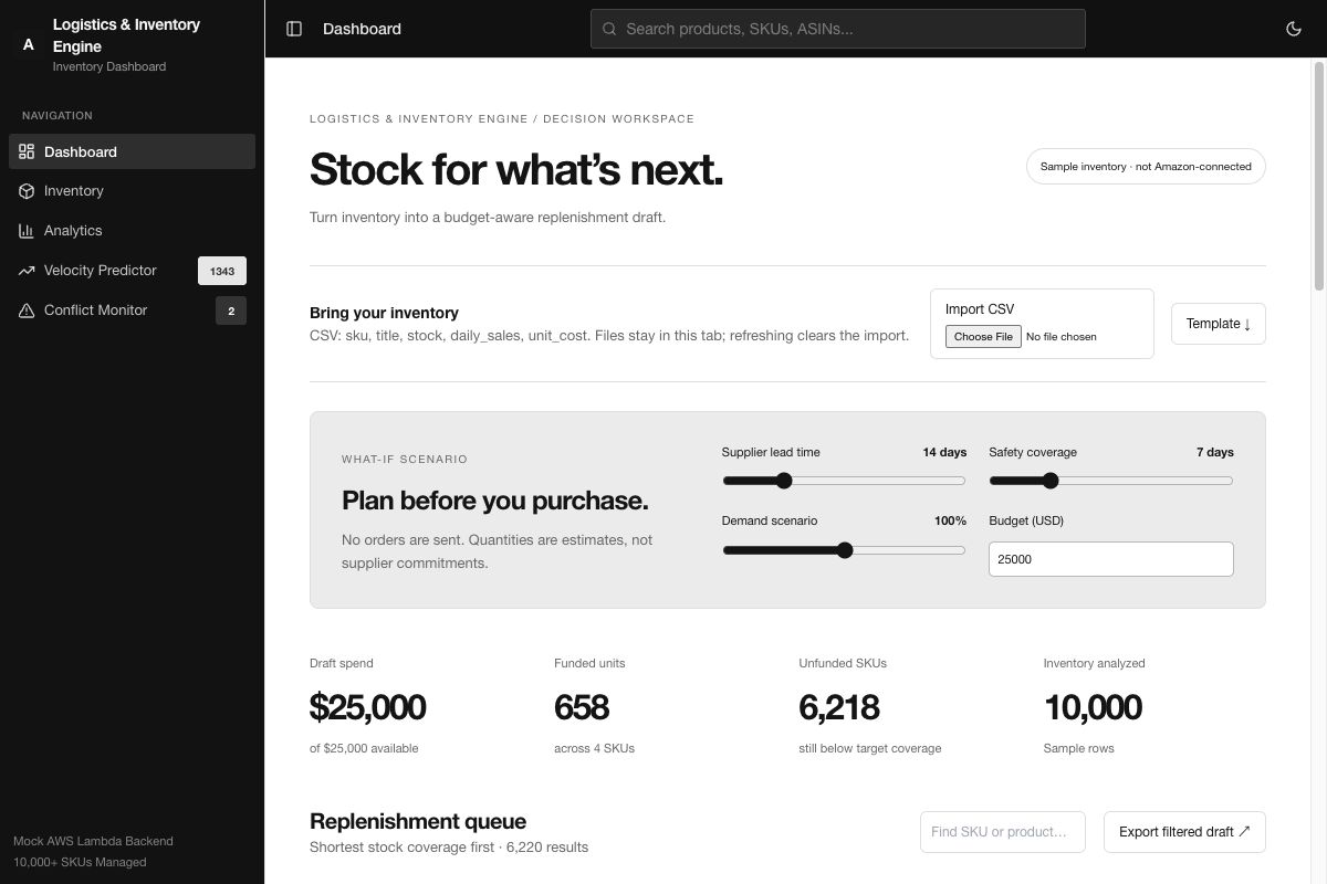 Logistics & Inventory Engine: replenishment controls and inventory metrics from the live demo